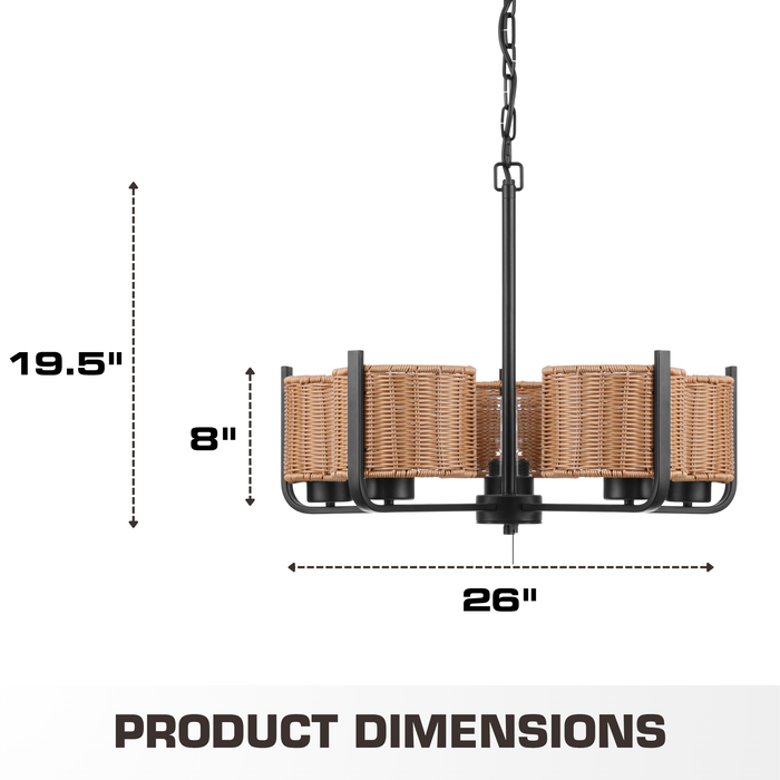 5 Light Outdoor Chandelier Matte Black with Beige Shades