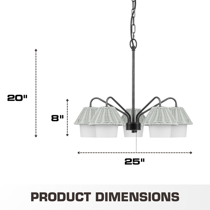 5 Light Outdoor Chandelier Aged Pewter with Light Gray and White Shades