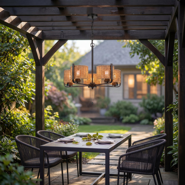 5 Light Outdoor Chandelier Matte Black with Beige Shades
