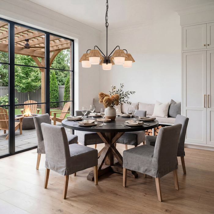 5 Light Outdoor Chandelier Matte Black with Beige Shades and White Shades