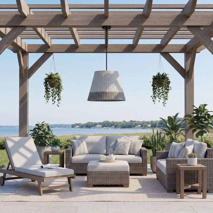 1 Light Outdoor Pendant Matte Black with Light Gray Shade