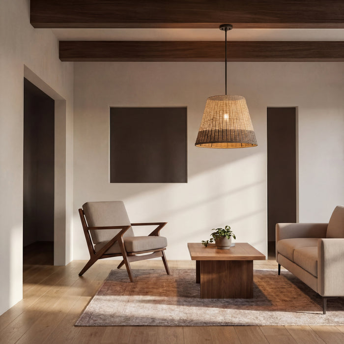 1 Light Outdoor Pendant Matte Black with Beige 2 Tone Shade