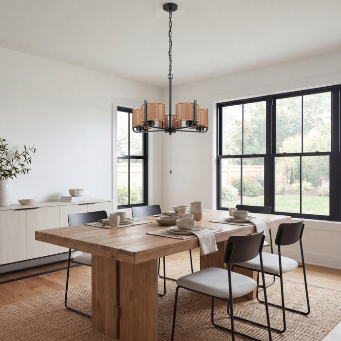 5 Light Outdoor Chandelier Matte Black with Beige Shades