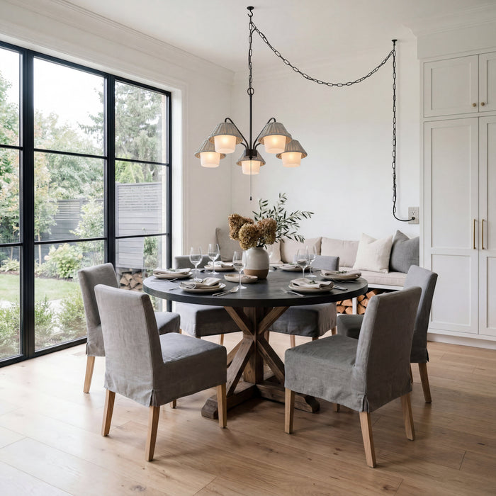5 Light Outdoor Chandelier Aged Pewter with Light Gray and White Shades