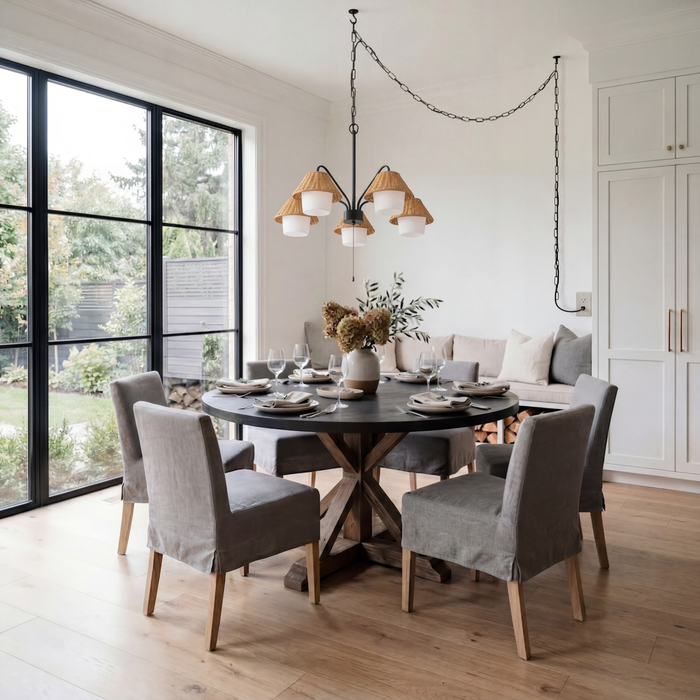 5 Light Outdoor Chandelier Matte Black with Beige Shades and White Shades