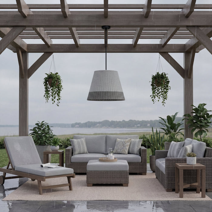 1 Light Outdoor Pendant Matte Black with Light Gray Shade