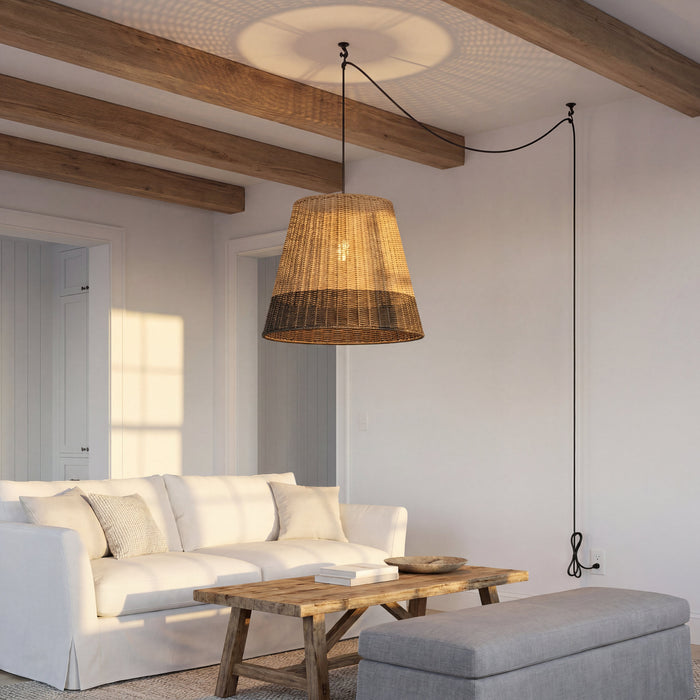 1 Light Outdoor Pendant Matte Black with Beige 2 Tone Shade