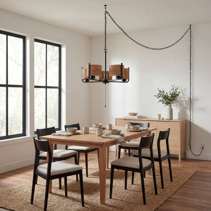 5 Light Outdoor Chandelier Matte Black with Beige Shades