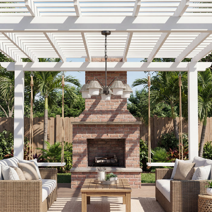 5 Light Outdoor Chandelier Aged Pewter with Light Gray and White Shades