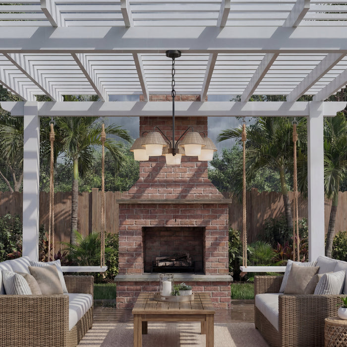 5 Light Outdoor Chandelier Matte Black with Beige Shades and White Shades