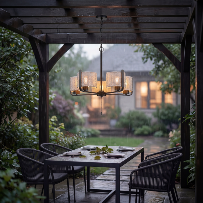 5 Light Outdoor Chandelier Bronze with Gray Shades