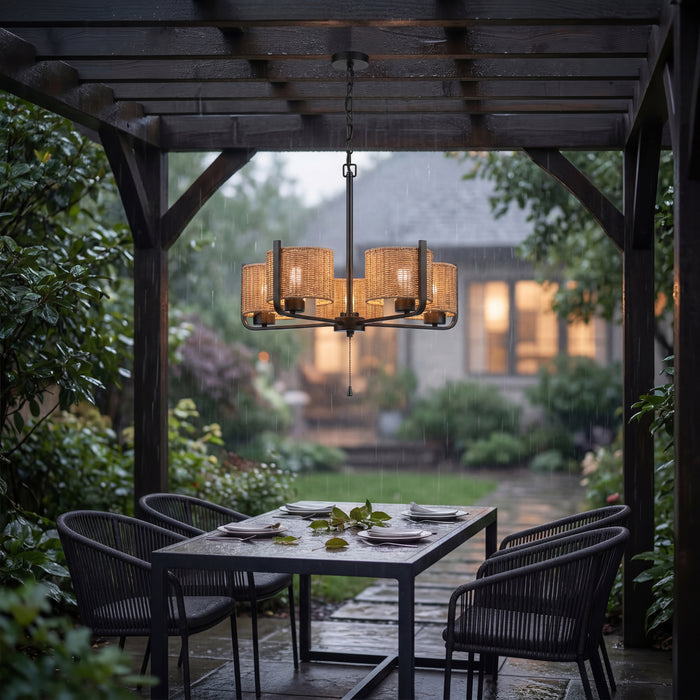 5 Light Outdoor Chandelier Matte Black with Beige Shades