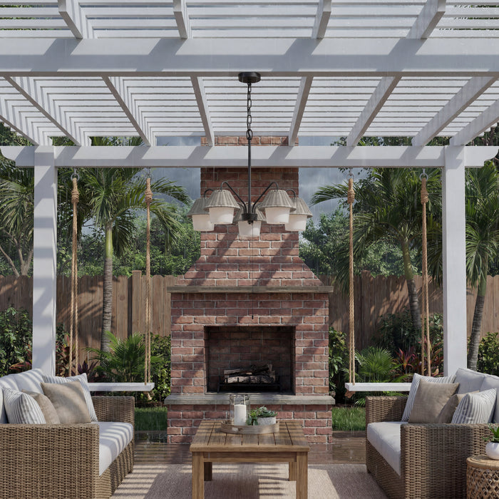 5 Light Outdoor Chandelier Aged Pewter with Light Gray and White Shades