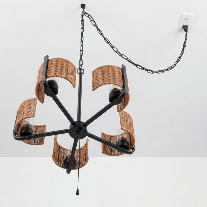 5 Light Outdoor Chandelier Matte Black with Beige Shades