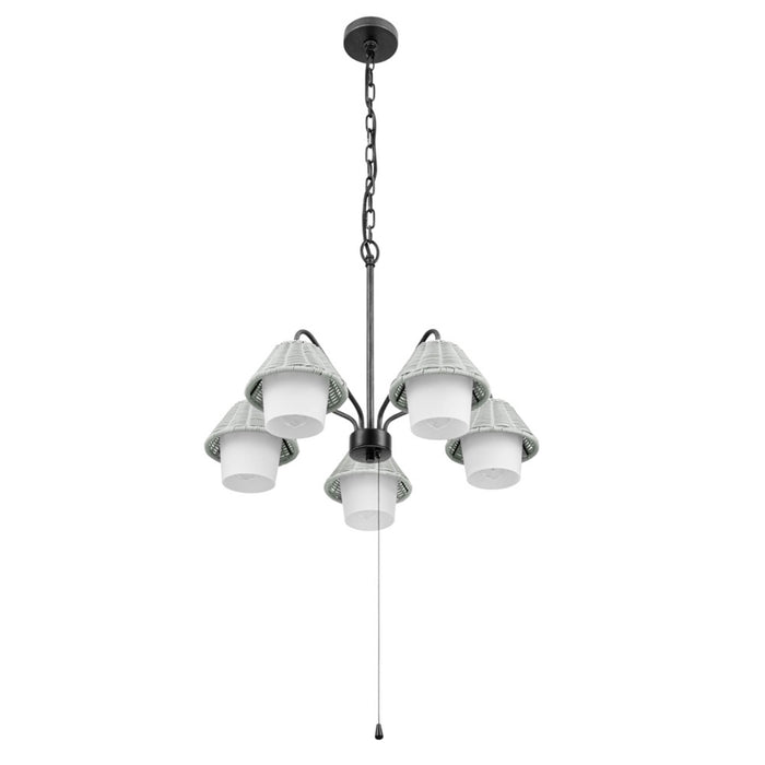 5 Light Outdoor Chandelier Aged Pewter with Light Gray and White Shades