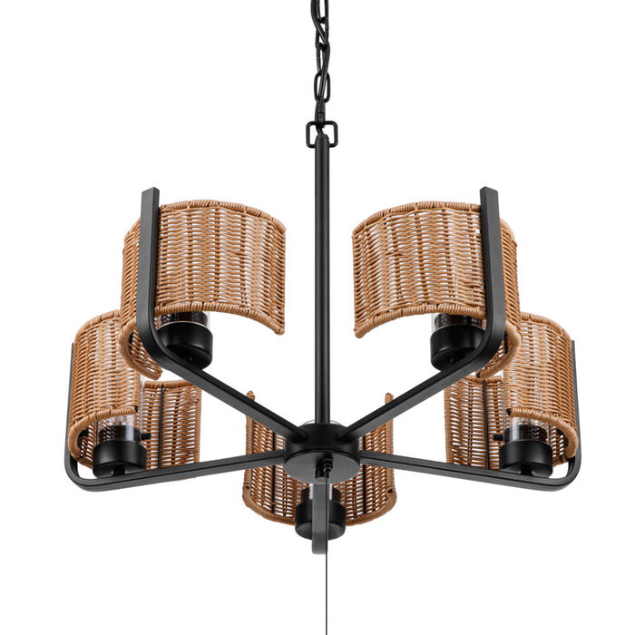 5 Light Outdoor Chandelier Matte Black with Beige Shades