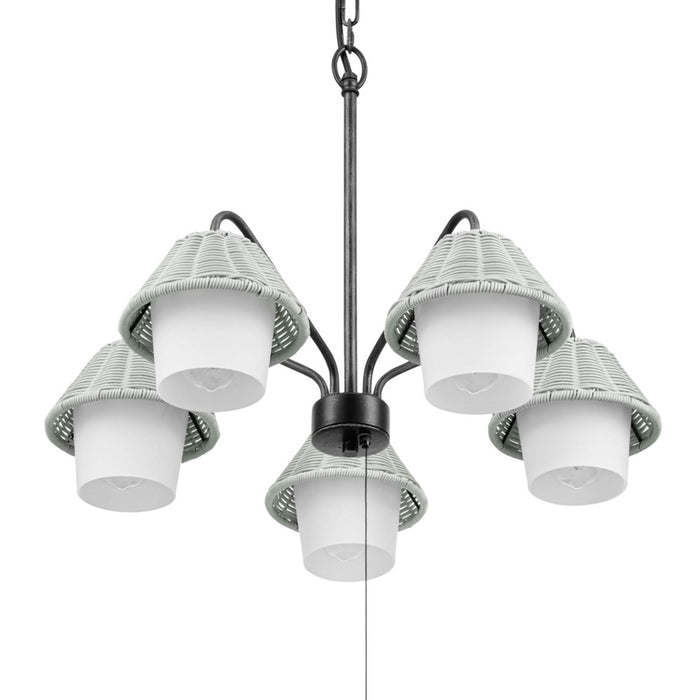 5 Light Outdoor Chandelier Aged Pewter with Light Gray and White Shades