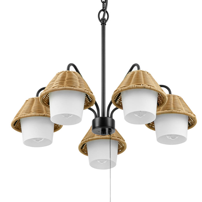 5 Light Outdoor Chandelier Matte Black with Beige Shades and White Shades