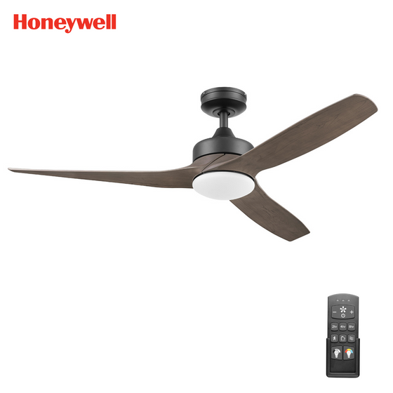 52 Inch Honeywell Lynton Matte Black/Brown Ceiling Fan with Light and Remote