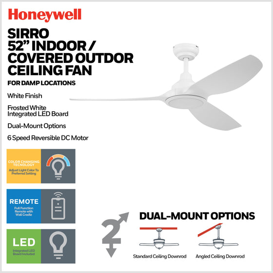 52 Inch Honeywell Sirro White Ceiling Fan with Light and Remote