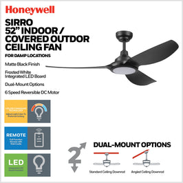 52 Inch Honeywell Sirro Matte Black Ceiling Fan with Light and Remote