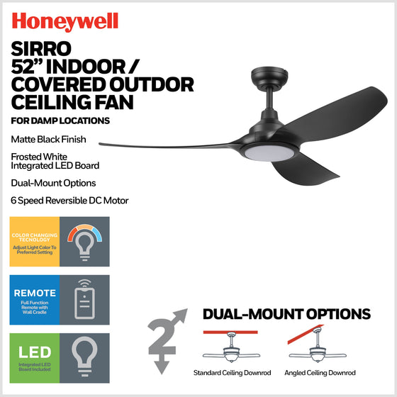 52 Inch Honeywell Sirro Matte Black Ceiling Fan with Light and Remote