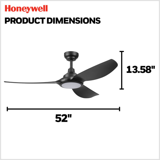 52 Inch Honeywell Sirro Matte Black Ceiling Fan with Light and Remote