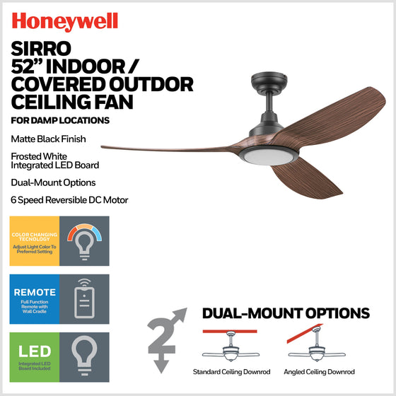 52 Inch Honeywell Sirro Matte Black with Brown Blade Ceiling Fan with Light and Remote