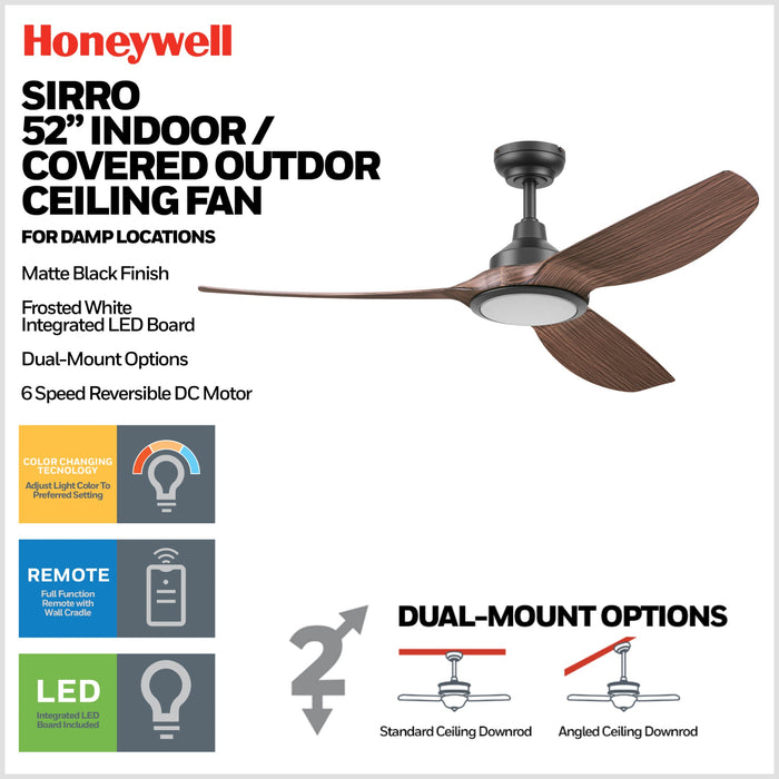 52 Inch Honeywell Sirro Matte Black with Brown Blade Ceiling Fan with Light and Remote