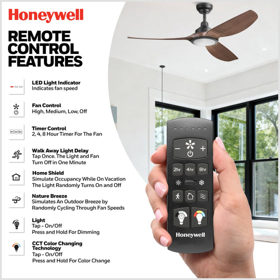 52 Inch Honeywell Sirro Matte Black with Brown Blade Ceiling Fan with Light and Remote