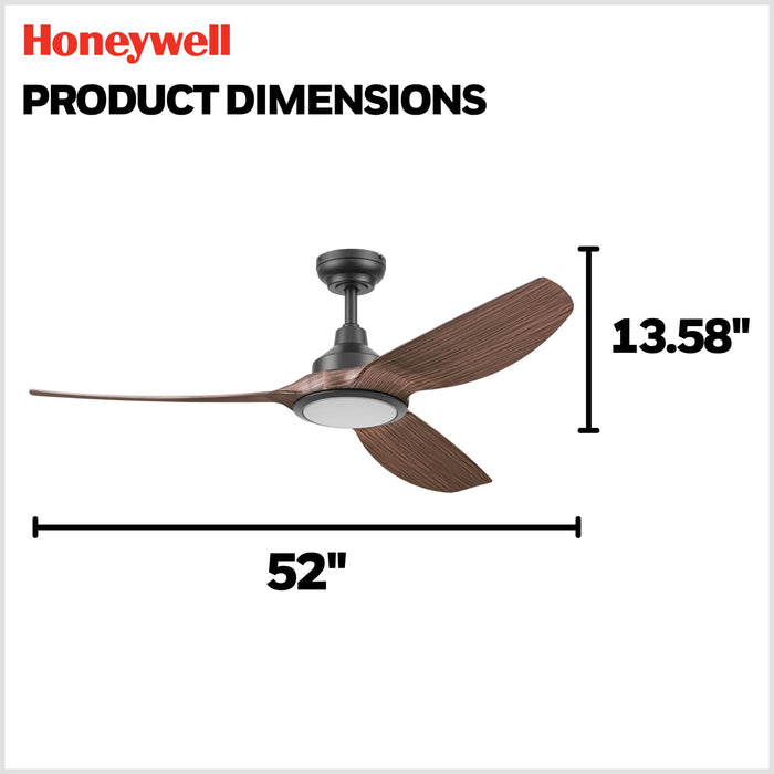 52 Inch Honeywell Sirro Matte Black with Brown Blade Ceiling Fan with Light and Remote