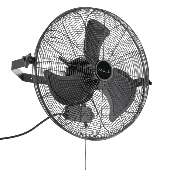 Black wall-mounted fan with 'Mule' branding on a white background