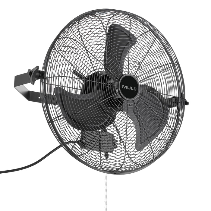 Black wall-mounted fan with 'Mule' branding on a white background