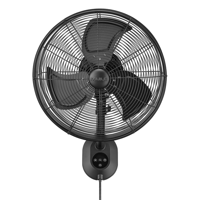 Black wall-mounted Mule fan with visible brand logo on a white background
