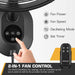 Hand operating a touch panel on a Mule fan with remote control and feature icons displayed.