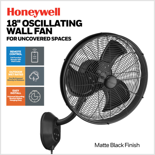 Honeywell 18-inch oscillating wall fan with features listed on a white background