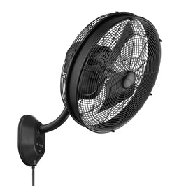 Black wall-mounted fan on a white background at an angle