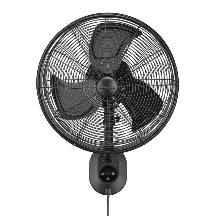 Honeywell black wall-mounted fan on a white background
