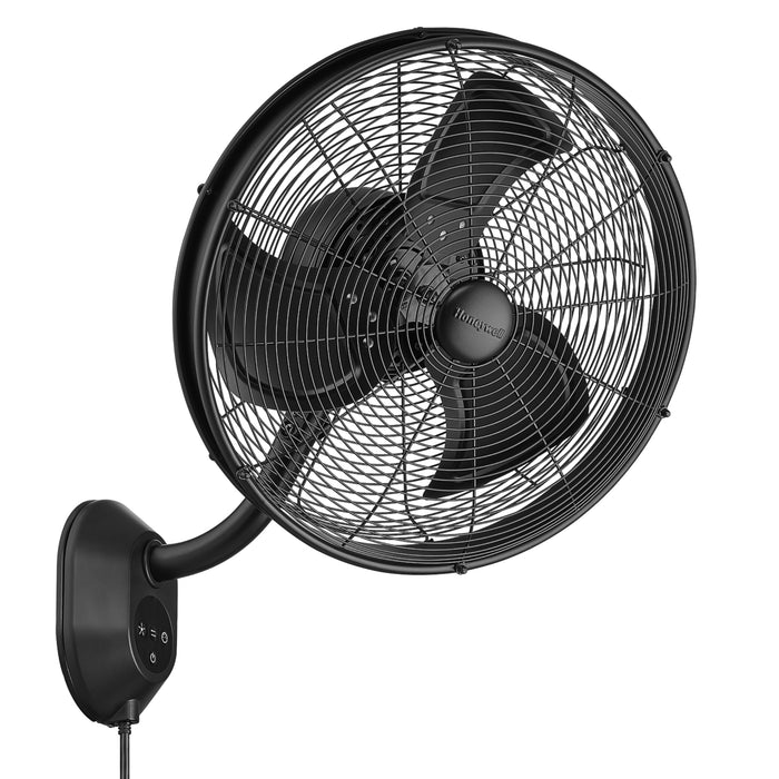 Honeywell black wall-mounted fan on a white background