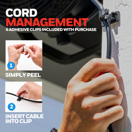 Honeywell fan cord management system with adhesive clips, showing hands using the clips.