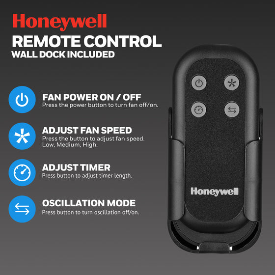 Honeywell fan remote control with features and buttons on a dark background