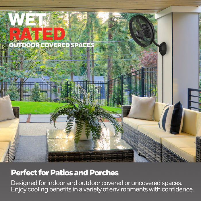 Outdoor patio with furniture and a Honeywell fan, featuring text about wet-rated outdoor covered spaces.