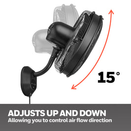 Honeywell wall-mounted fan with adjustable arm showing a 15-degree range, on a white background.