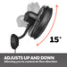 Honeywell wall-mounted fan with adjustable arm showing a 15-degree range, on a white background.