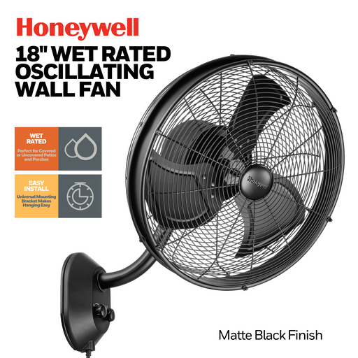 MULE Honeywell 18-inch wet-rated outdoor oscillating wall fan mounted, angled view