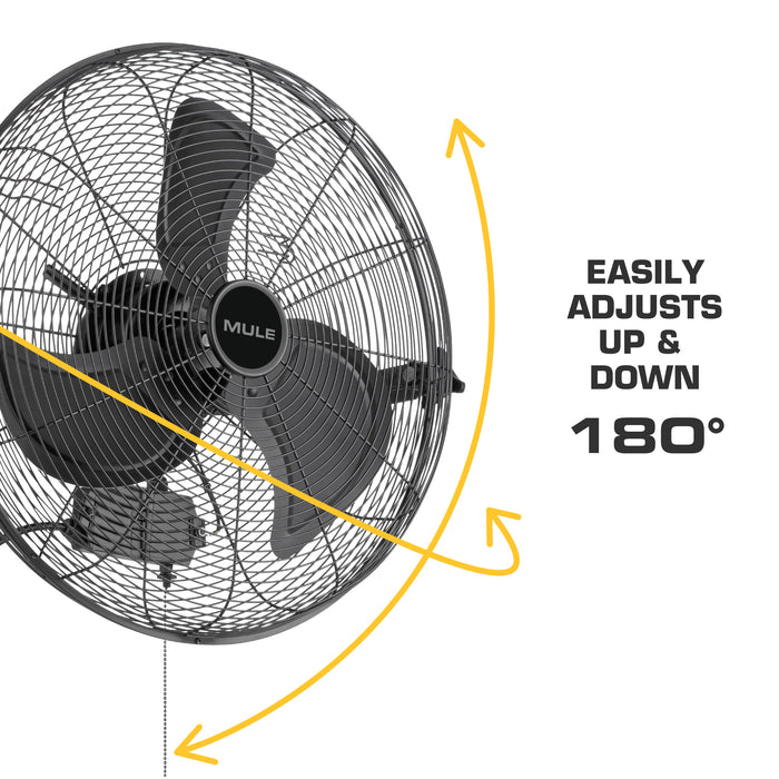 MULE fan with adjustable feature illustration and text on a white background