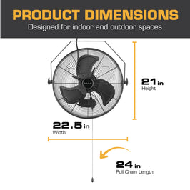 MULE fan dimensions labeled with width, height, and pull chain length on a white background