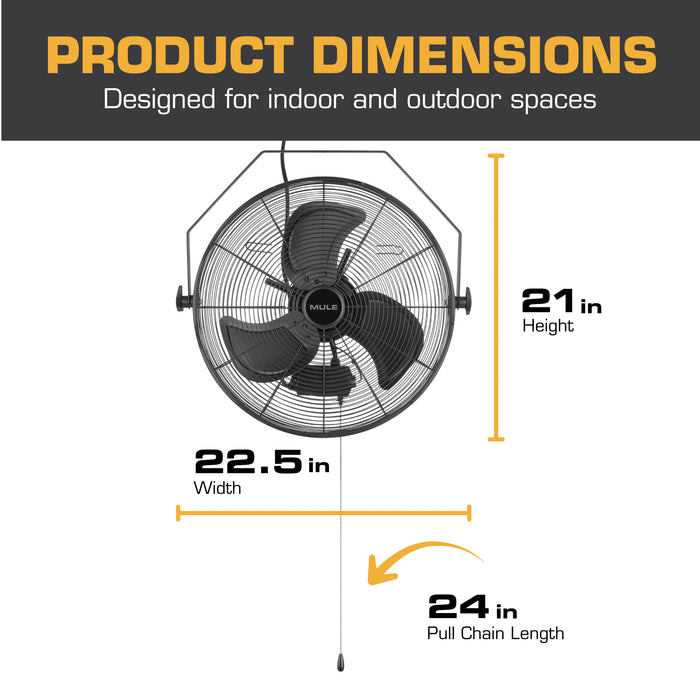 MULE fan dimensions labeled with width, height, and pull chain length on a white background