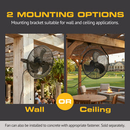 Outdoor setting with a MULE fan mounted on a wall and ceiling, highlighting mounting options.