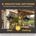 Outdoor setting with a MULE fan mounted on a wall and ceiling, highlighting mounting options.